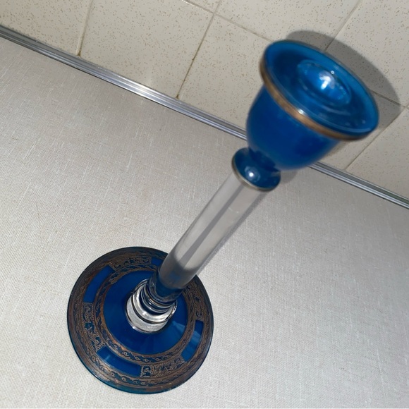 Vintage‎ Blue & Clear Glass Candlestick Bronze Color  Etching Accents main image 11